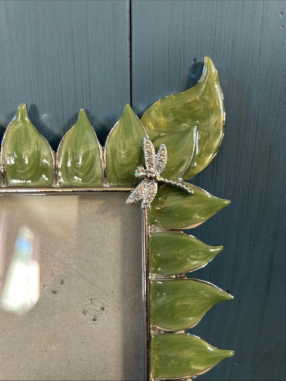 DSG Enamel Green Leaf Picture Frame with Silver Dragonfly Detail | 6x7” Inches